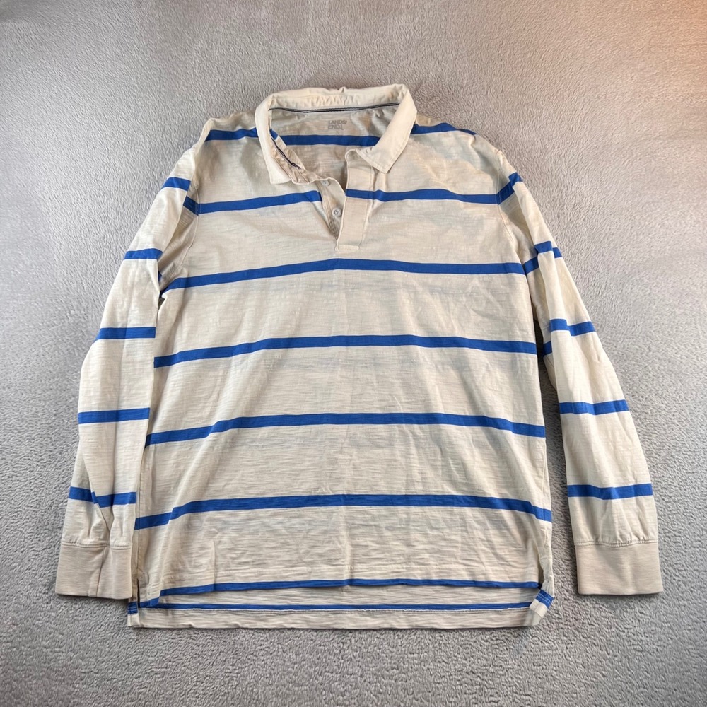 Lands End Rugby Shirt Mens XL Long Sleeve Slub Knit Cream Blue Striped Casual